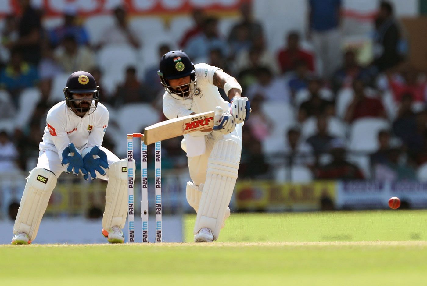 Virat Kohli flicks a delivery on the way to his 213 in Nagpur (2017).